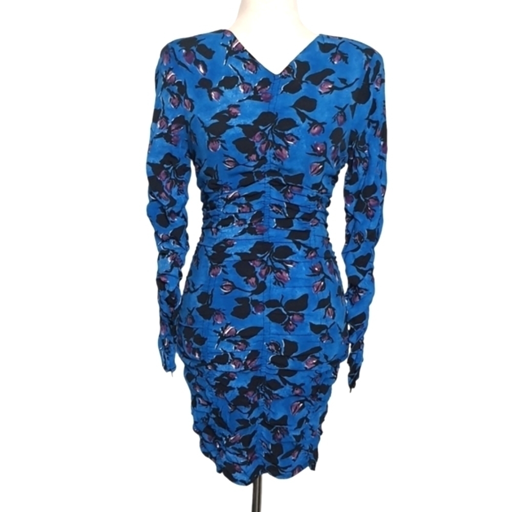 ZARA Blue Mini Dress Long Sleeve Floral Print Fitted Womens XS
